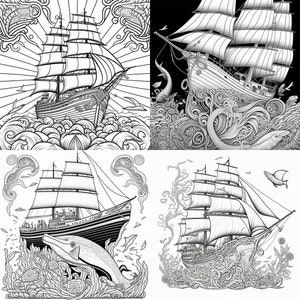 May include: A black and white illustration of a sailing ship with intricate details. The ship is surrounded by waves and sea life, including fish and a dolphin. The image is divided into four sections, each with a different perspective of the ship.