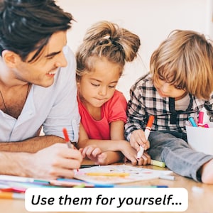 May include: A father and two children are colouring on a white sheet of paper with colourful markers. The father is wearing a white t-shirt and the children are wearing pink and plaid shirts. The children are sitting on the floor and the father is lying down. Use them for yourself...