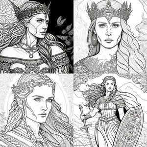 K&ouml;nnte beinhalten: Eine Schwarzwei&szlig;-Zeichnung einer Frau, die eine Krone und ein langes, flie&szlig;endes Kleid tr&auml;gt. Sie h&auml;lt ein Schwert in der einen Hand und einen Schild in der anderen. Die Zeichnung ist im Fantasy-Stil gehalten.
