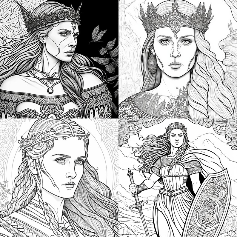K&ouml;nnte beinhalten: Eine Schwarzwei&szlig;-Zeichnung einer Frau, die eine Krone und ein langes, flie&szlig;endes Kleid tr&auml;gt. Sie h&auml;lt ein Schwert in der einen Hand und einen Schild in der anderen. Die Zeichnung ist im Fantasy-Stil gehalten.