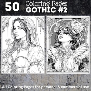 50 Gothic Coloring Pages | Printable Grayscale Coloring Book | Coloring Pages for Woman | Digital Coloring Images | Digital Download