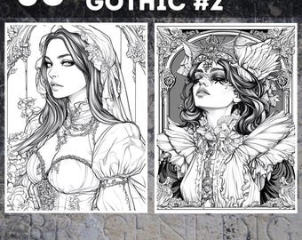 50 Gothic Coloring Pages | Printable Grayscale Coloring Book | Coloring Pages for Woman | Digital Coloring Images | Digital Download