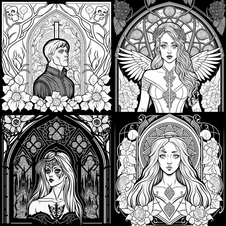 May include: Black and white illustration of four figures in gothic style frames. Each figure is surrounded by floral designs. The figures are a man with a beard, a woman with wings, a woman with a crown, and a woman with a heart pendant.