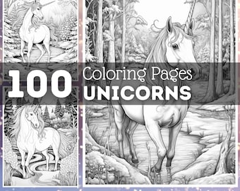 100 Unicorn Portrait Coloring Pages | Printable Coloring Book | Coloring Pages for Adults | Printable Digital Coloring | Digital Download