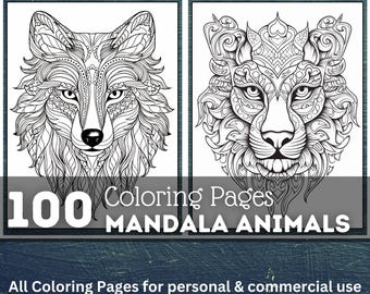 May include: A black and white image of 100 coloring pages featuring mandala animal designs. The image shows a wolf and a lion with intricate patterns.