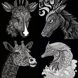K&ouml;nnte beinhalten: Schwarz-wei&szlig; digitale Illustration von vier Tieren: ein Reh, eine Giraffe, ein Fuchs und ein Pferd. Jedes Tier ist mit komplizierten, wirbelnden Mustern dargestellt.