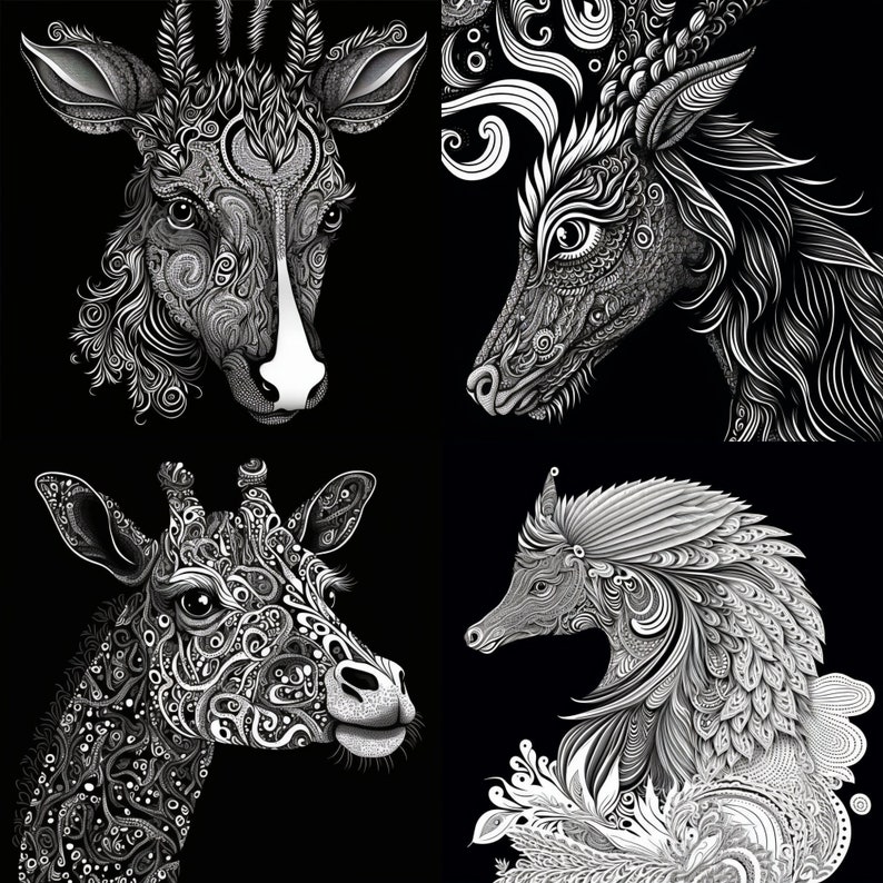 K&ouml;nnte beinhalten: Schwarz-wei&szlig; digitale Illustration von vier Tieren: ein Reh, eine Giraffe, ein Fuchs und ein Pferd. Jedes Tier ist mit komplizierten, wirbelnden Mustern dargestellt.