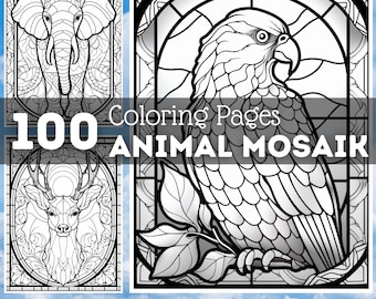 May include: A collection of 100 animal mosaic coloring pages. The image features detailed line art illustrations of an elephant, a deer, and an eagle, with the text "Coloring Pages ANIMAL MOSAIK". The bottom of the image reads "All Coloring Pages for personal & commercial use".