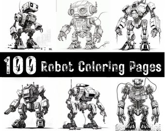 May include: Six black and white robot illustrations. The robots are in various poses and have different designs. The text "100 Robot Coloring Pages" is at the top of the image.