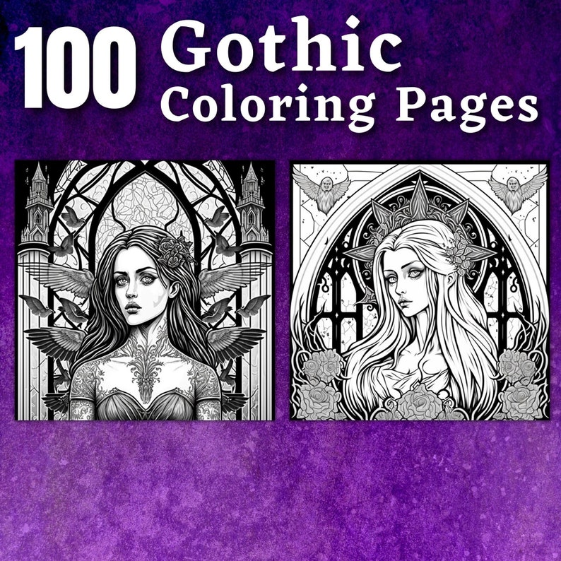 May include: Two black and white gothic colouring pages featuring women with intricate details. The first page features a woman with wings and a heart tattoo. The second page features a woman with a crown and flowers.