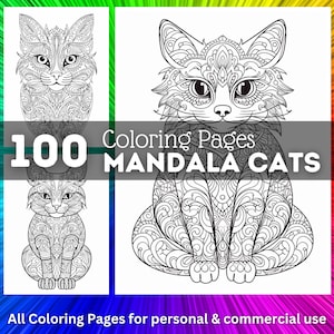 100 Cat Coloring Pages | Mandala Cats Printable Coloring Book | Coloring Pages for Kids | Digital Coloring | Digital Download Printable