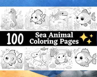 May include: A black and white illustration of 100 Sea Animal Coloring Pages. The image shows a variety of sea creatures, including a seahorse, fish, shark, and crab.