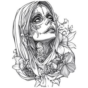 Pu&ograve; includere: Un disegno in bianco e nero di una donna con un design di trucco di teschio di zucchero. Indossa un velo e fiori intorno al collo e alle spalle.
