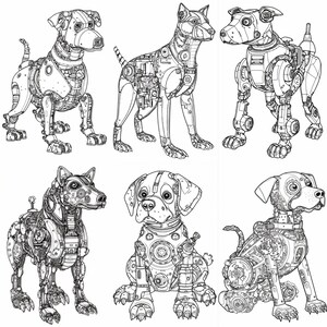May include: Six black and white line drawings of robot dogs. The dogs are in various poses, including standing, sitting, and lying down. The drawings are detailed and show the mechanical parts of the dogs.