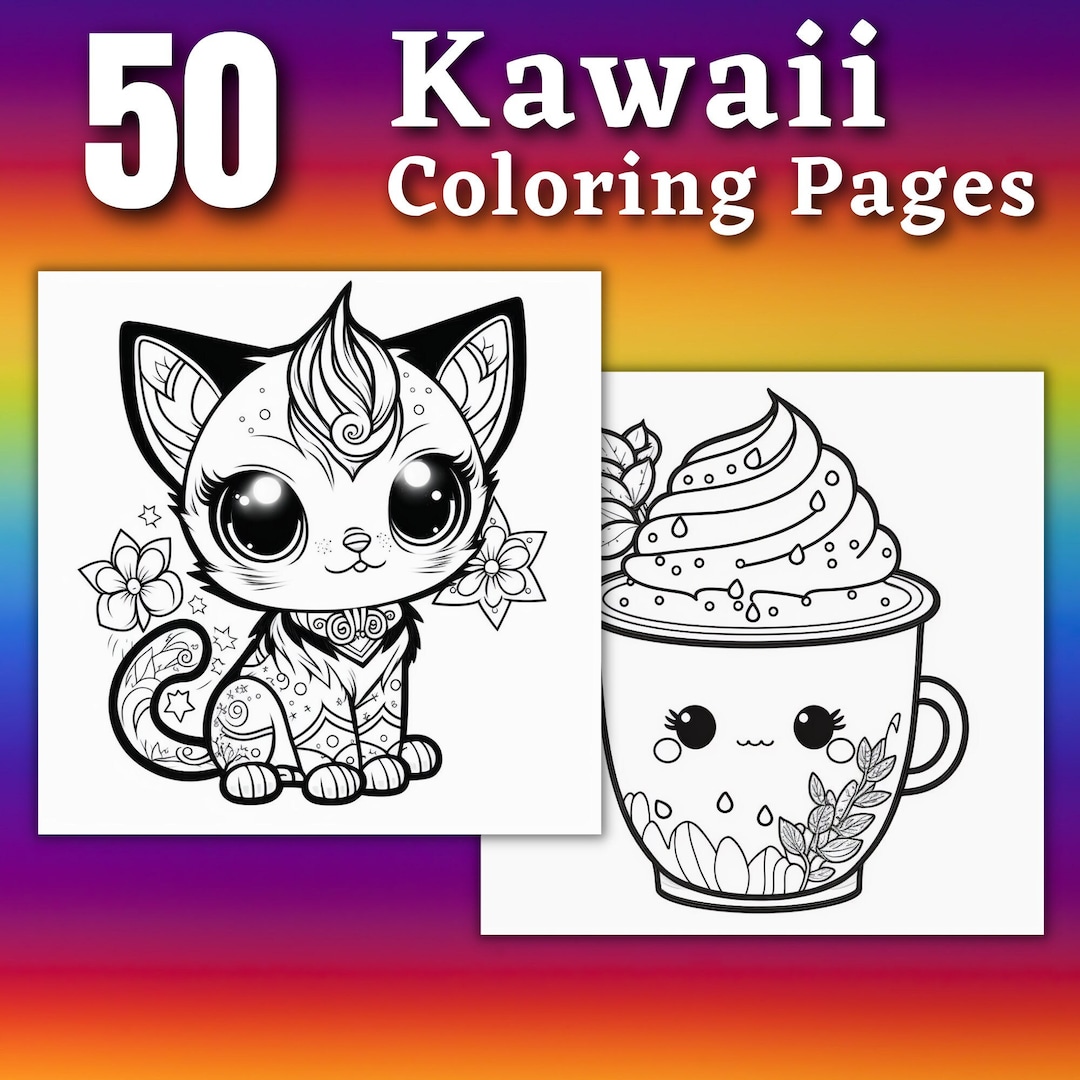 50 Kawaii Coloring Page Cute Animals Printable Coloring Book Coloring