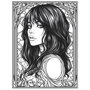 Pu&ograve; includere: Illustrazione in bianco e nero di una donna con i capelli lunghi, che indossa una collana decorativa, incorniciata in un design ornamentale.