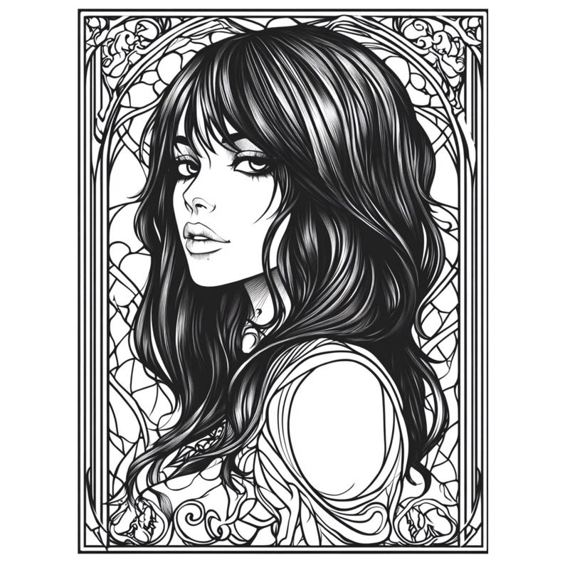 Pu&ograve; includere: Illustrazione in bianco e nero di una donna con i capelli lunghi, che indossa una collana decorativa, incorniciata in un design ornamentale.