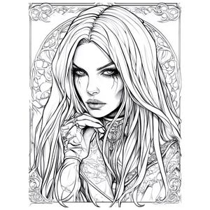 Pu&ograve; includere: Un disegno in bianco e nero di una donna con i capelli lunghi, che indossa una collana ornata e una camicia a maniche lunghe. Sta guardando direttamente lo spettatore con un'espressione seria.