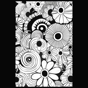 Puede incluir: Patr&oacute;n floral abstracto en blanco y negro con una variedad de formas y tama&ntilde;os. El patr&oacute;n incluye c&iacute;rculos, espirales y flores.