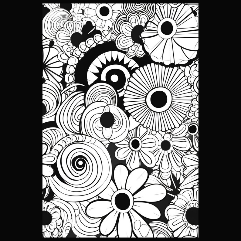 Puede incluir: Patr&oacute;n floral abstracto en blanco y negro con una variedad de formas y tama&ntilde;os. El patr&oacute;n incluye c&iacute;rculos, espirales y flores.