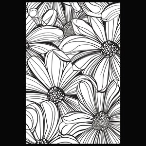 Puede incluir: Dibujo en blanco y negro de un grupo de flores estilizadas. Las flores tienen varios p&eacute;talos y un c&iacute;rculo central.