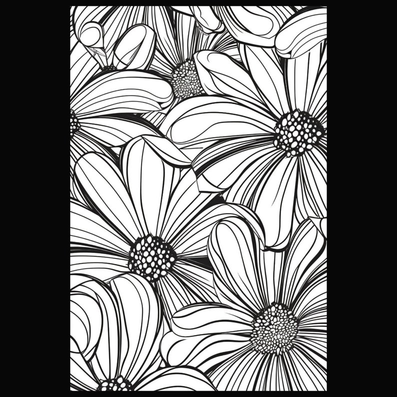 Puede incluir: Dibujo en blanco y negro de un grupo de flores estilizadas. Las flores tienen varios p&eacute;talos y un c&iacute;rculo central.