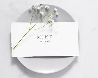 Può includere: Un segnaposto bianco con il nome "MIKE Woods" stampato in nero. Un rametto di gipsofila bianca è posto sulla carta.