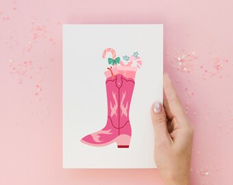 Western Christmas Card, Christmas Greeting Card, Retro, Cowboy Boot Merry Christmas, Pink Cowboy Boot, Printable Christmas Card, Canva Pro