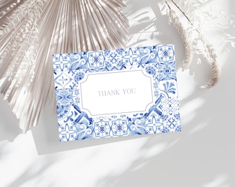 Mediterranean Blue Tile Bridal Shower Thank You Note Template Printable Italian Amalfi Coast Bridal Shower Thank You