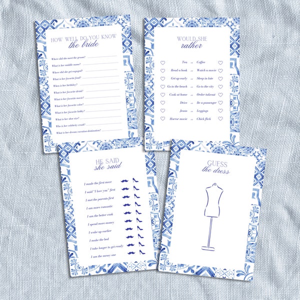 Mediterranean Blue Tile Bridal Shower Games Bundle, Bridal Shower Games Template, Editable and Printable