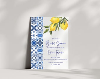Mediterranean Blue Tile and Lemon Bridal Shower Invitation Template, Italian Amalfi Coast Bridal Shower, Downloadable and Printable