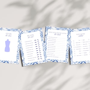 May include: Four blue and white printable bridal shower game cards with a blue and white tile pattern border. The cards include the titles "Guess the Dress", "He Said She Said", "How Well Do You Know the Bride", and "Would She Rather".