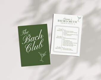May include: Green card with white text that says "The Bach Club" and a martini glass illustration. A white card with green text lists the schedule for a bachelorette party in Newport, RI, August 11-13. The text includes "Emma's Bachelorette" and the dates of the event.