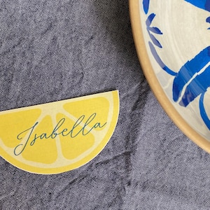 Modelo de cartões de nome de fatia de limão para chá de panela, chá de bebê, festa de casamento, ela encontrou seus principais cartões de aperto
