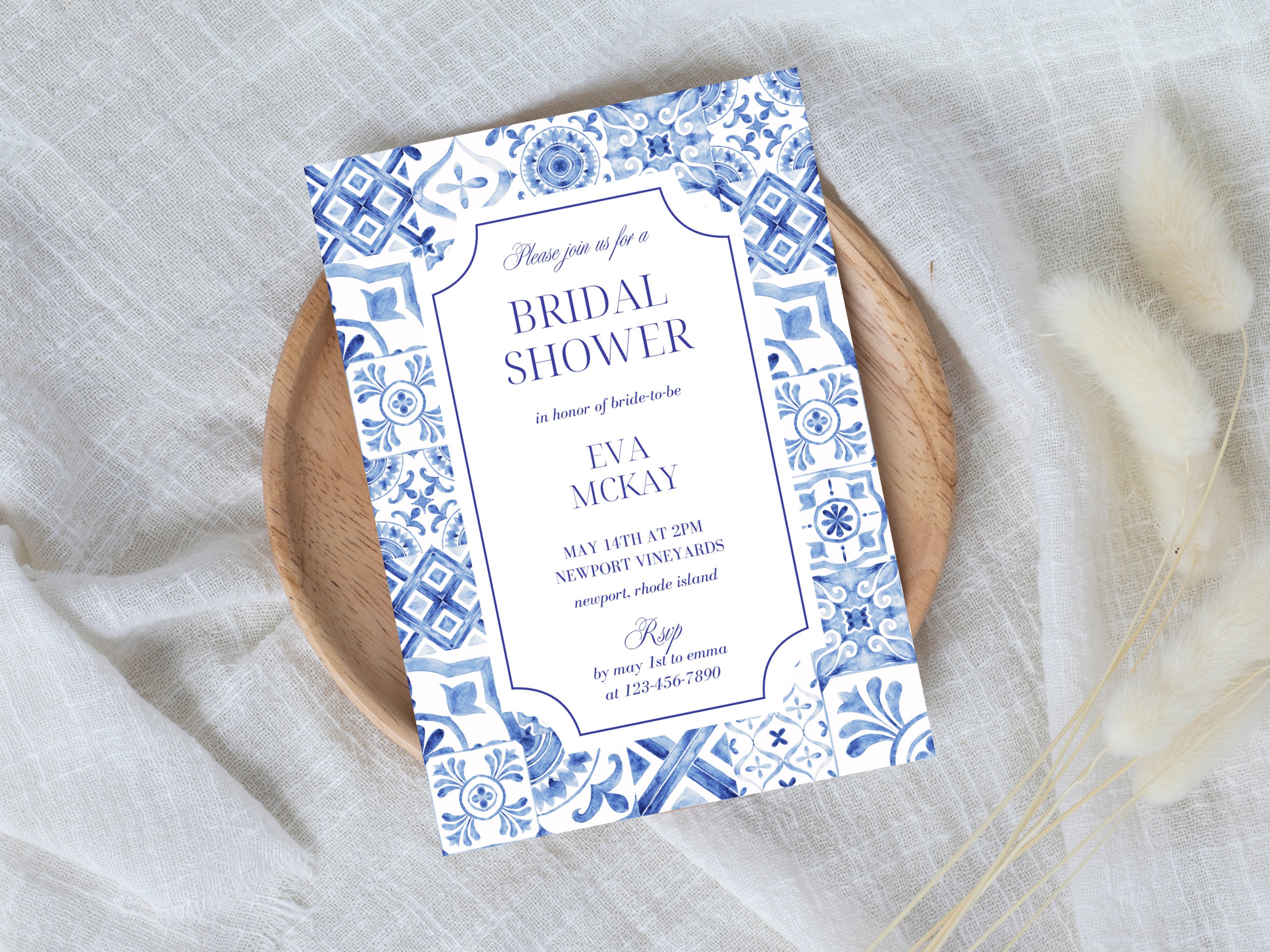Mediterranean Blue Tile Bridal Shower Invitation Template, Italian Amalfi Coast Bridal Shower, Downloadable and Printable