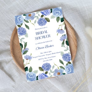 Blue Hydrangea Bridal Shower Invitation Template, Blue Floral Bridal Shower, Downloadable and Printable