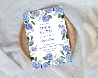 Blue Hydrangea Bridal Shower Invitation Template, Blue Floral Bridal Shower, Downloadable and Printable