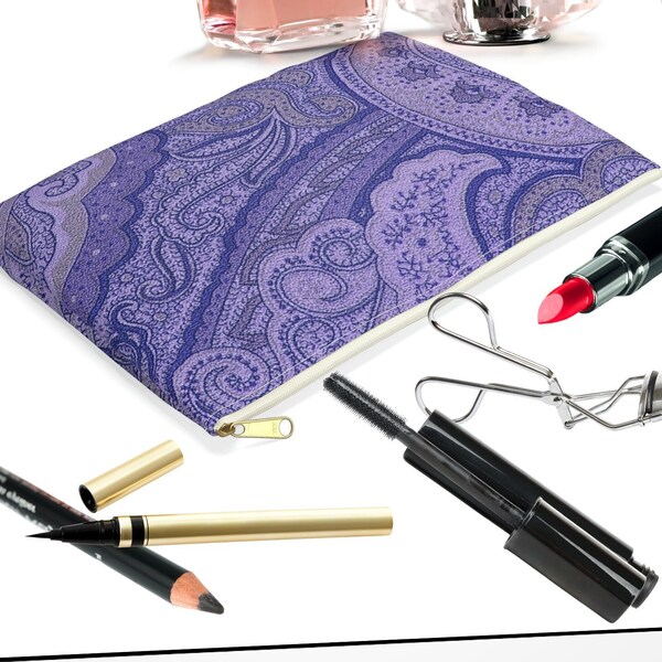 Purple Paisley Pouch, Woman Accessory Pouch, Cosmetic Make-up Bag, Mini-Clutch Purse