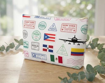Travel Pouch, World Stamp Print Accessory Organizer, Clutch Purse