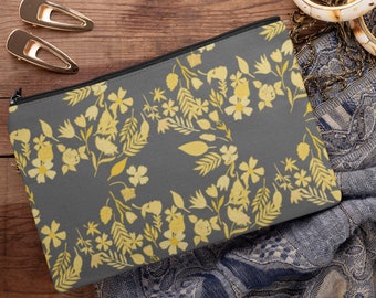 Grey & Yellow Wildflower Clusters Accessory Pouch, Cosmetic Make-up Bag, Phone Accessories Carrying Bag, Women's Pouch, Clutch Purse