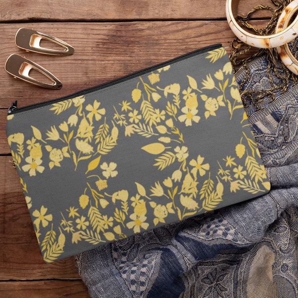 Grey & Yellow Wildflower Clusters Accessory Pouch, Cosmetic Make-up Bag, Women's Clutch Purse