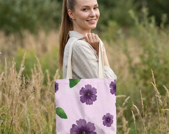 Purple Floral Tote Bag, Lavender Aesthetic Canvas Tote, Feminine Flower Carry-All