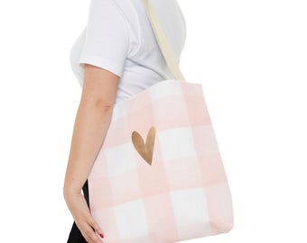 Pink Gingham Heart Tote Bag, Cute Love Tote, Valentine Day Gift, Reusable Everyday Bag