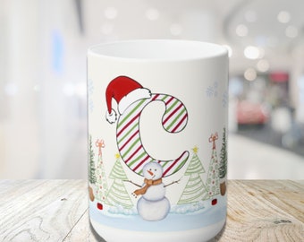 Festive Letter 'C' Holiday Ceramic Mug 15oz, Stocking Stuffer Idea