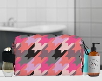 Pink Black Grey Hues Houndstooth Design Toiletry Bag, Women Travel Bag, Gift for Her