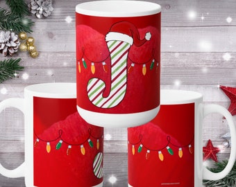Festive Letter 'J' Holiday Ceramic Mug 15oz, Stocking Stuffer Idea