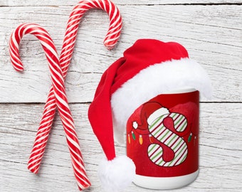 Festive Letter 'S' Holiday Ceramic Mug 15oz, Holiday Gift Idea