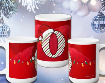 Festive Letter 'O' Holiday Ceramic Mug 15oz, Holiday Gift Ideas