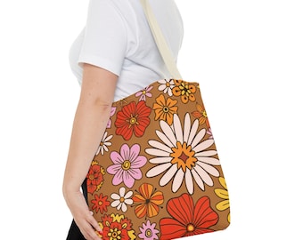 Groovy Boho Market Bag, Retro Floral Tote Bag , Vintage 70s Flower Canvas Tote