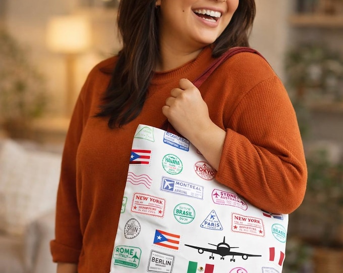Featured listing image: Around the World Passport Stamp Tote Bag, Travel Lover Carry-All